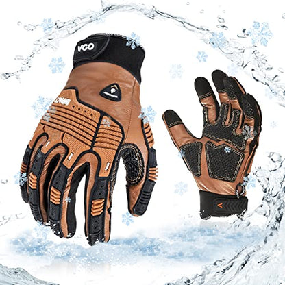Vgo... 1 Pair -20℃/-4°F COLDPROOF,Winter Work Leather Gloves,Impact Gloves,Anti-Vibration,Water Resistant(CA7722FW) - color: Brown, size: Small