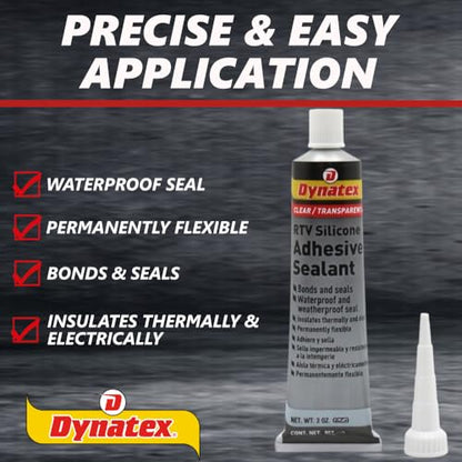 Dynatex 143372 Clear RTV Silicone Adhesive/Sealant, 85g Waterproof RTV Sealant, Single Component RTV Silicone Sealant, Permanent Flexibility, Insulates Thermally and Electrically