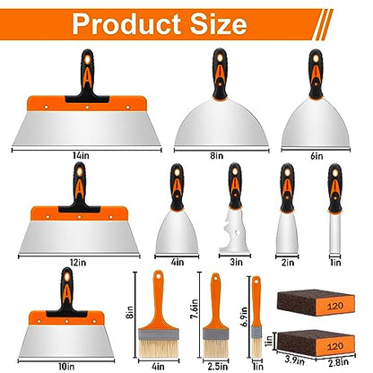 THINKWORK Putty Knife Set - 14Pcs Stainless Steel Paint Scraper Tools, Drywall Knife Set for Removing Wallpaper, Repairing Drywall, Applying Putty, Taping, Scraping Plaster, Cement, Adhesive