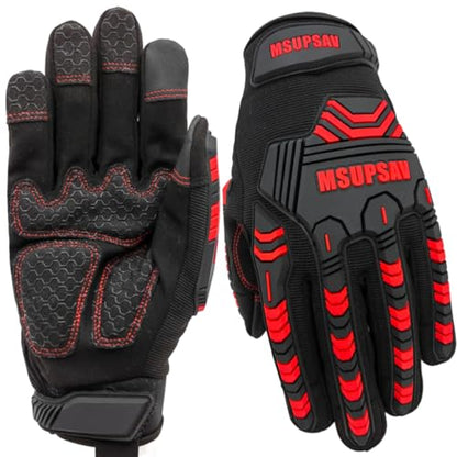 Work Gloves,Mechanics TPR Impact Glove,Anti-Vibration,Heavy Duty Impact Protection,Touchscreen Capable,Medium,Red+Black - color: Red+black, size: Medium
