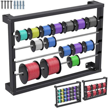 SELEWARE Heavy Duty Wall-Mounted Wire Spool Rack – Cable Reel Holder and Dispenser with 4 Adjustable Stainless Steel Rods for Industrial, Electrical, and Retail Storage and Display (Black) - color: C: Black Wall Mounted Wire Spool Rack (4 Rods)