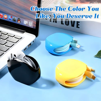 3PCS Automatic Cord Reel, Retractable Cable Reels, Small Roll Winder Case for USB Cables, Headset Cable, Data Cables, No More Tangled Cords, Lake Blue, Yellow, Black