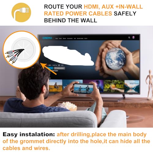 TV Cable Hider for Wall-Mounted TVs, Kit Includes 4 Through Holes and 1 Hole Saw Drill Attachment, Easy Install (White)