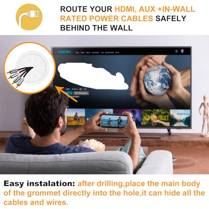 TV Cable Hider for Wall-Mounted TVs, Kit Includes 4 Through Holes and 1 Hole Saw Drill Attachment, Easy Install (White)