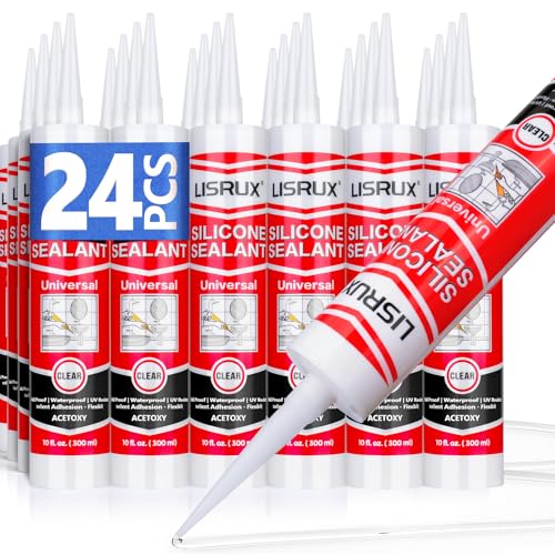 LISRUX Advanced Clear Silicone Caulk for Kitchen & Bathroom,10 fl oz Cartridge,24 Pack,100% Waterproof RTV Silicone Sealant,Stronger Adhesion,Shrink & Crack Proof - size: 24P, style: Clear