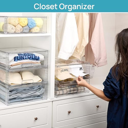 Vtopmart 4 Pack Large Stackable Storage Drawers,Easily Assemble Clear Acrylic Bathroom Closet Undersink Organizers,Plastic Storage Bins for Cabinet,Kitchen Pantry,Medicine Organization