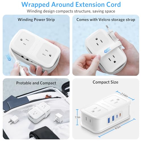 BESTEK European Travel Plug Adapter: - 4 Outlets 4 USB Ports (2 USB C) with 3.6FT Wrapped Short Extension Cord, Small Portable Desktop Charging Station, Compact for Hotel Travel Cruise Essentials
