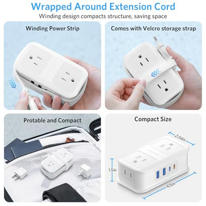 BESTEK European Travel Plug Adapter: - 4 Outlets 4 USB Ports (2 USB C) with 3.6FT Wrapped Short Extension Cord, Small Portable Desktop Charging Station, Compact for Hotel Travel Cruise Essentials