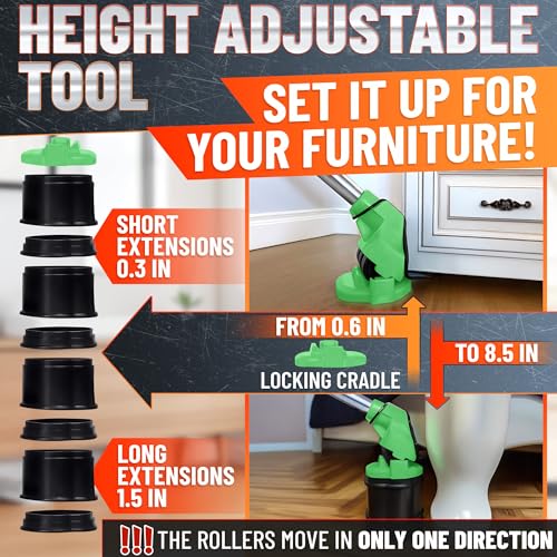 Furniture Jack Lifter Tool – Heavy Furniture Lifter with Wheels and Tool for Moving Appliances, Load Capacity Up to 660 Lbs – Glides Smoothly on Wood, Tile, Laminate, and Other Hard Floor Surfaces - color: Green