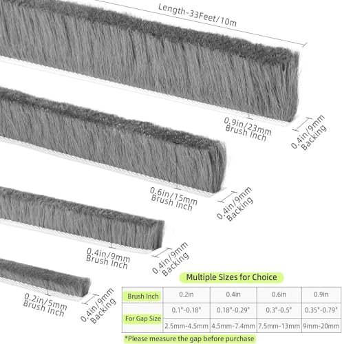 ZOMPAGO Strong Adhesive Brush Weather Stripping,0.4in Thick x 0.4in(W) x 33FT,Grey for Sliding Windows/Doors - Car Door Seal for Soundproofing,Dustproof,Winter Windproof & Warm,Waterproof,DIY Install - size: 1 Roll, 0.6 in X 0.4 in X 32.8 Ft, Grey
