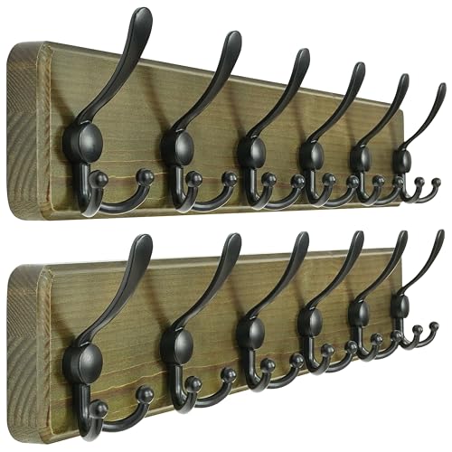 Dseap Coat Rack Wall Mounted - 24" Long 6 Tri Hooks, Heavy Duty Wooden Wall Coat Hanger Coat Hook for Clothes Hat Jacket Clothing, Weathered Green and Black, Pack of 2 - color: Weathered Green & Black, size: L=24"