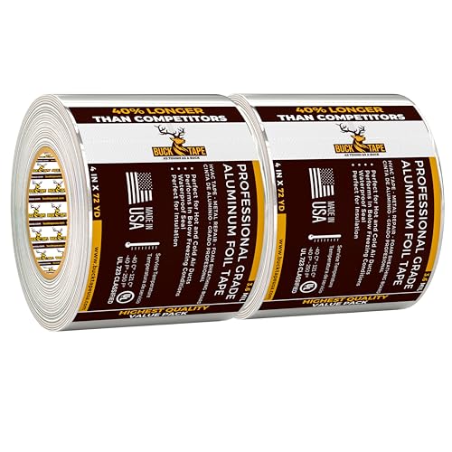 2 Pack Buck Aluminum Foil Tape – 4 Inch x 216ft (72 yd), 3.6 Mil – HVAC Tape for Ductwork, AC, Dryer Vents & Insulation – Silver Foil Tape for Metal Repair, Exhaust Sealing & Air Conditioning - size: 4 Inch, style: 2 Pack