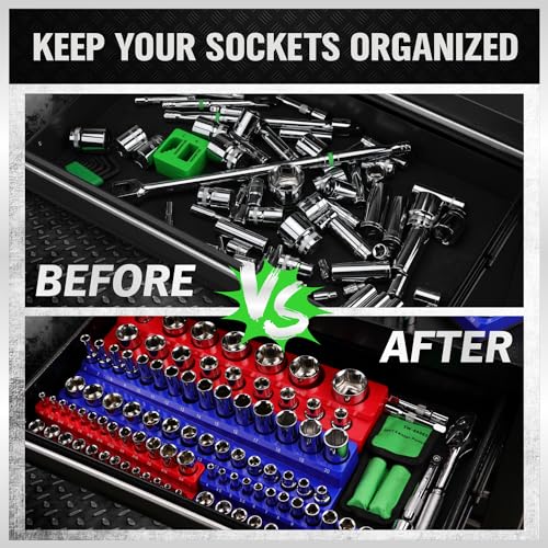 SWANLAKE Magnetic Socket Organizer Set, 1/4", 3/8", 1/2" Sockets Holds 286 Pieces Magnetic Socket Trays (Blue&red&black&green, 12 Pcs) - style: 12PCS Multi-Color