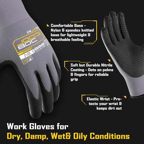 COOLJOB 12 Pairs Nitrile Rubber Coated Nylon Safety Work Gloves Pack Bulk, Dotted for Non-Slip Grip, Breathable Soft Seamless Knit Nitrile Dipped Gloves for Warehouse, Home Improvement, Yard, Small - size: Small, style: Classic Style(12 Pairs)