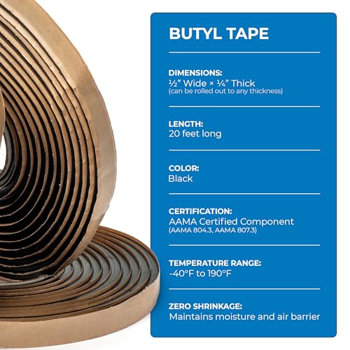 Second Skin Butyl Tape – 1 Roll (20ft x 1/2” x 1/4”) | Black Butyl Sealant Tape for RV, Auto, Marine, Headlight Repair, Window Glazing Tape | Weatherproof & Waterproof, Indoor & Outdoor, Made in USA - size: 1 Butyl Tape