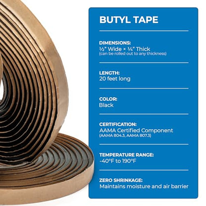 Second Skin Butyl Tape – 1 Roll (20ft x 1/2” x 1/4”) | Black Butyl Sealant Tape for RV, Auto, Marine, Headlight Repair, Window Glazing Tape | Weatherproof & Waterproof, Indoor & Outdoor, Made in USA - size: 1 Butyl Tape