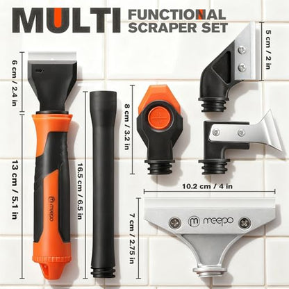 M MEEPO 5 in 1 Razor Blade Scraper & Caulking Tool Set, with 80 pcs Razor Blades & 5 pcs Scraper Blades, Extentable & Detachable Scraper Tool Oven Cleaner Caulk Grout Remover Tool for House Cleaning