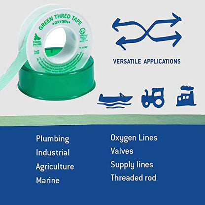 Gasoila Green PTFE Thread Seal Tape – Professional-Grade, 1/2 Inch x 260 Inch, High-Density Thread Tape for Oxygen Lines – Leak-Proof Seal, Non-Toxic, 3 Pack - size: 1/2 Inch x 260 Inch Roll- 3 Pack