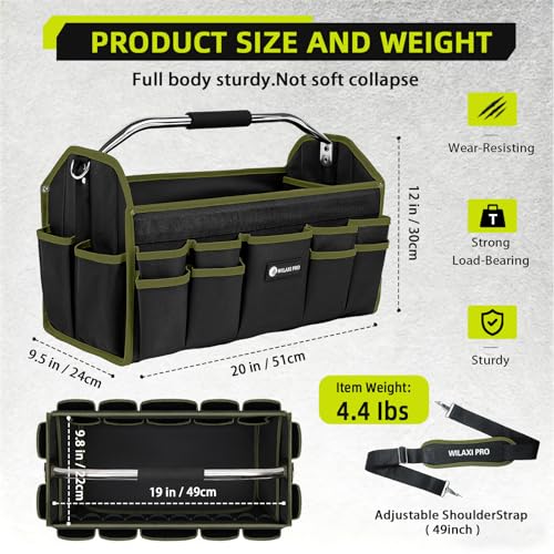20in Foldable Open Top Tool Bags For Men Heavy Duty, Tool Carrier hard With Handle, Wide Mouth Electrician Tool Tote, Many Pockets Can Hold Many Tool, Green - size: 20INCH