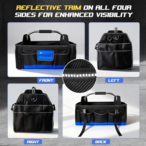 18 Inch Open Top Tool Bag, Tool Bags for Men with 30 Pockets, 1680D Waterproof Fabric, Foldable Electrician Tool Bag with Rotating Handle, Reflective Tool Organizer for Men, Blue - color: Black-Blue