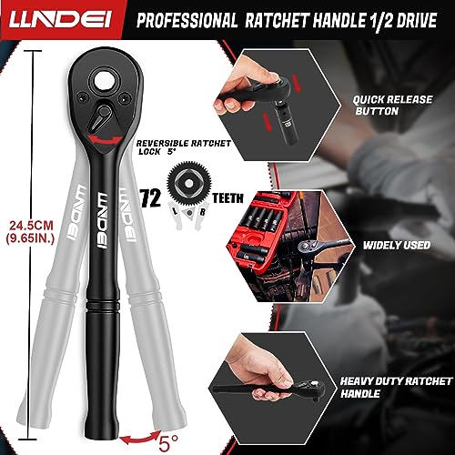 LLNDEI 1/2" Dr. Ratchet Impact Socket Wrench Set,Deep Sockets(8-24mm),Spark Plug Socket(16,21mm),49PCS, CR-V, Metric, With Combination Wrenches (8-17mm) - size: 49-piece 1/2" Drive Socket Set
