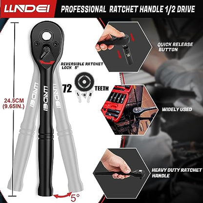 LLNDEI 1/2" Dr. Ratchet Impact Socket Wrench Set,Deep Sockets(8-24mm),Spark Plug Socket(16,21mm),49PCS, CR-V, Metric, With Combination Wrenches (8-17mm) - size: 49-piece 1/2" Drive Socket Set