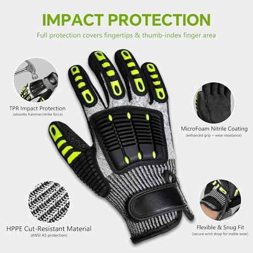 Impact Reducing Work Gloves for Men - ANSI Cut Level A5 with TPR Knuckle Guards & Shock Absorption, Nitrile Coated Palm for Maximum Grip, Heavy Duty for Construction, Warehouse, Auto Repair (L) - size: Large