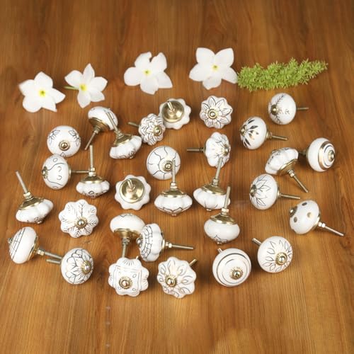 Craft Trade Decorative Ceramic Cabinet & Drawer Knobs – Kitchen Cabinet Hardware, Wardrobe, Cupboard & Dresser Pull Handles – Handmade Furniture Knobs (Off White, Set of 20) - color: Gold, style: 20