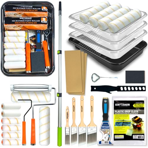 King Origin 31 PCS Paint Roller Kit, Extension Pole (4.75 ft), 4"&9" Paint Roller, Paint Tray & Liners, Brushes | Paint Kit for House Painting Walls | Painting Supplies