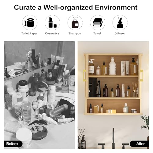 Natural Chevron Pattern Bathroom Wall Mount Cabinet, Gold Accent Hanging Medicine Cabinet with Open Shelf, Over The Toilet Storage Organizer for Home (23 5/8" x 22 7/8" x 7 1/8") - style: Chevron Pattern-Natural