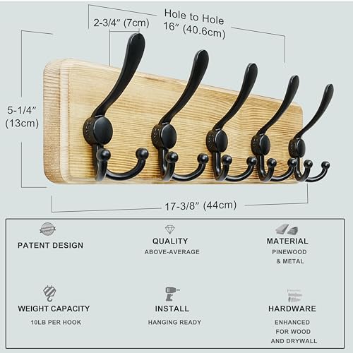 Dseap Coat Rack Wall Mount - Heavy-Duty Robust Rustic Wooden Wall Coat Hanger Hook Rail with 5 Triple Hooks for Winter Coats Hat Jacket Clothing, Light Brown & Black, Pack of 2 - color: Light Brown & Black, size: L=17.4"