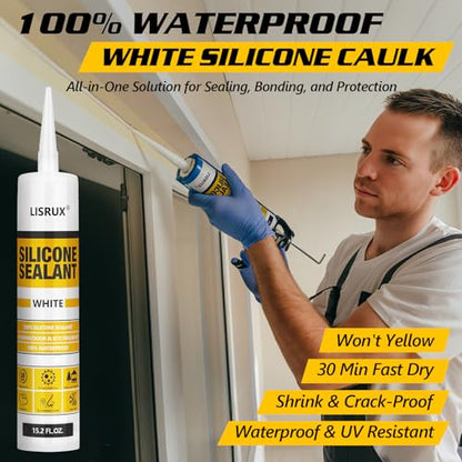 LISRUX Advanced Silicone Caulk for Window & Door, White, 15.2 fl oz Cartridge, 1 Pack - 100% Waterproof Silicone Sealant Indoor Outdoor Caulking, UV Resistant, Stronger Adhesion, Shrink & Crack Proof - size: 1P