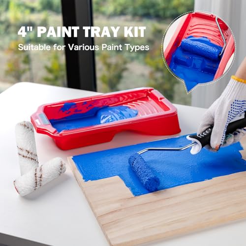 Mister Rui 4 Inch Paint Roller Kit, 12-Piece Mini Roller Set with 6 Microfiber Sleeves, Tray, Liner & Cover, Handle, 1.5" Angled Brush - for Walls, Cabinets, DIY & Pro Painting