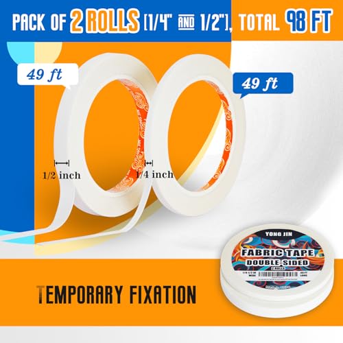 YONGJIN Double-Sided Fabric Tape (2 Rolls) - No Sewing or Ironing Required, Perfect for Quick Clothing Repairs, Fabric Bonding, Adhesive Cloth Tape for Hemming and DIY Crafts (1/4inch+1/2inch) - size: 1/4inch+1/2inch