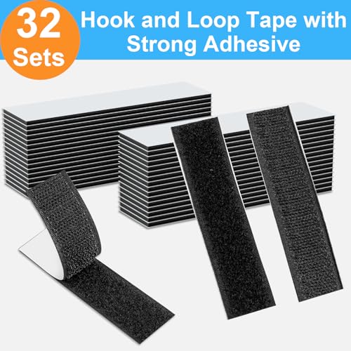 32 Sets 1x4 Inch Hook and Loop Strips with Adhesive, Strong Sticky Back, Heavy Duty Fasteners, Double Sided Mounting Tape for Wall Hanging Picture, Home, Office, School, No Holes Needed, Black