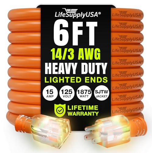 6ft Outdoor/Indoor Extension Cord 14/3 Gauge Heavy Duty 3 Prong SJTW, Waterproof, Flexible Cold-Resistant Long Power Cord,15A 125V 1875W, Orange by LifeSupplyUSA - color: Orange, size: 6 FT, style: 14AWG