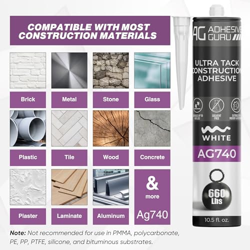 Adhesive Guru AG740 Ultra Tack Hybrid Construction Adhesive (24x10.5 fl oz), Heavy Duty Indoor Outdoor Caulk Sealant, White - 24 Pack - style: 24 Pack
