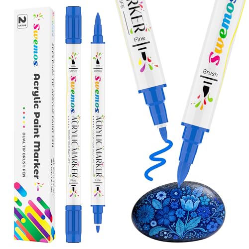 Swemos 2Pcs Blue Acrylic Paint Pens Markers, Dual Tip with Fine Tip and Brush Tip Pens Acrylic Paint Markers Waterproof Acrylic Markers Set for Rock, Canvas Stone, Wood, Glass, Metal (BLUE, 2) - style: BLUE