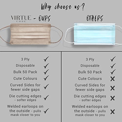 VIRTUE CODE On The Go Curved Face Masks - Soft 3 Ply Comfort 50 Disposable Face Masks - color: Beige
