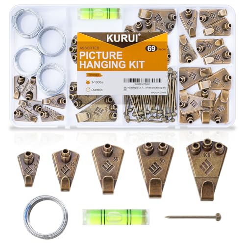 KURUI Bronze Picture Hanging Kit, Heavy Duty Wall Hangers Set with Brass Hooks, Nails, Wire and Mini Level, Assorted Sizes, for Frames, Posters, Art, Canvas, Home Decor, 69 Pcs - size: Bronze