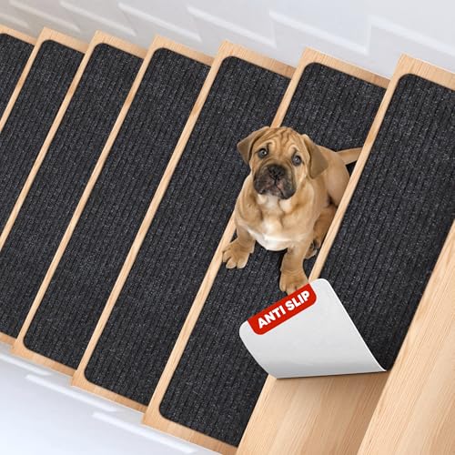MBIGM 8" X 30" (7 in Pack) Non-Slip Carpet Stair Treads Non-Skid Safety Rug Slip Resistant Indoor Runner for Kids Elders and Pets with Reusable Adhesive - Black - color: Black, size: 8" X 30" - 7 Pcs