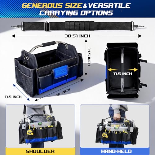 18 Inch Open Top Tool Bag, Tool Bags for Men with 30 Pockets, 1680D Waterproof Fabric, Foldable Electrician Tool Bag with Rotating Handle, Reflective Tool Organizer for Men, Blue - color: Black-Blue