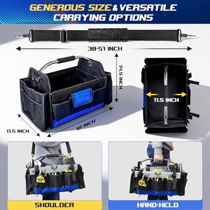18 Inch Open Top Tool Bag, Tool Bags for Men with 30 Pockets, 1680D Waterproof Fabric, Foldable Electrician Tool Bag with Rotating Handle, Reflective Tool Organizer for Men, Blue - color: Black-Blue