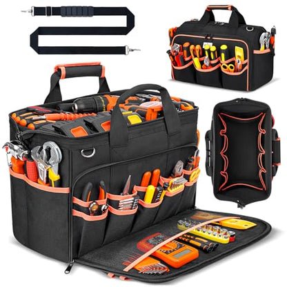 JJRING Heavy Duty 17inch Tool Bag with 48-Pockets, 1680D Oxford Organizer Storage Bag With Adjustable Shoulder Strap And Padded Handle For Electrician Plumbing Mechanics DIY And Craftsmen (RED)