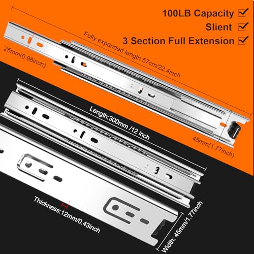 12 inch Drawer Slides 4 Pairs (8pcs) 3 fold Full Extension Side Mount Cabinet Drawer Glides 12" Silver Cabinet Rails for Dresser, Cabinet, Kitchen,Trash Can, Wardrobe 100 LB Capacity - size: 12 Inch