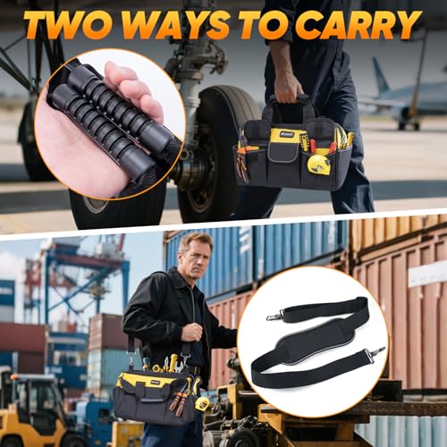 TICONN Tool Bag with Multi-Pockets Wide Mouth Tool Tote with Safety Reflective Straps, Adjustable Shoulder Strap and Ergonomic Handle (Yellow, 16" Standard Base) - color: Yellow, size: 16" Standard Base