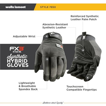 Wells Lamont Men's FX3 Extreme Dexterity Work Gloves – Padded, Ergonomic Work Gloves, Touchscreen Compatible – Heavy Duty Synthetic Leather with Reinforced Fingertips and Adjustable Fit – Gray - XXL - size: 2X-Large (Pack of 1)