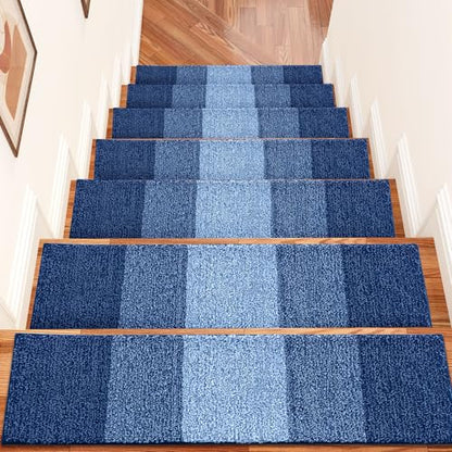 OLANLY Stair Treads Non Slip 15PCS, 8" x 30" Indoor Stair Runners for Wooden Steps, Edging Stair Rugs with Reusable Peel and Stick Adhesive for Kids Elders and Pets, Navy - color: Navy