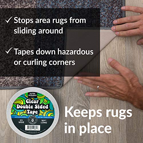 HIPPIE CRAFTER Clear Double Sided Tape, 2 Inch Wide Heavy-Duty Adhesive, Removable Mounting Tape for Posters, Carpets, Wall-Safe Use, Crafts, 90 Feet Long - size: 2 Inch Wide - 1 Pack