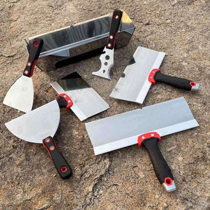 Drywall Knife Set, 7 Pcs Stainless Steel Tools Kit, Putty Knives Tapping Knife Multi-purpose Paint Scrapers with Mud Pan for Drywall Work - color: Black - a Set